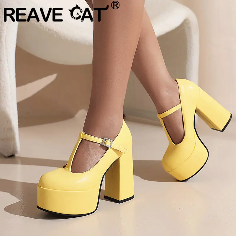 REAVE CAT Luxry Women Pumps Round Toe Block Heels 11cm Platform Hill 5cm Buckle T-Strap Sweet Party Shoes 40 41 42 43