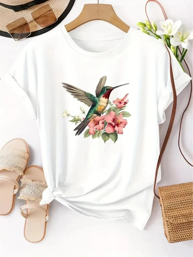 Summer Hummingbird Graphic T-Shirt Tropical Flower Bird Tee Short Sleeve Casual Holiday Beach Style Women Fashion Top