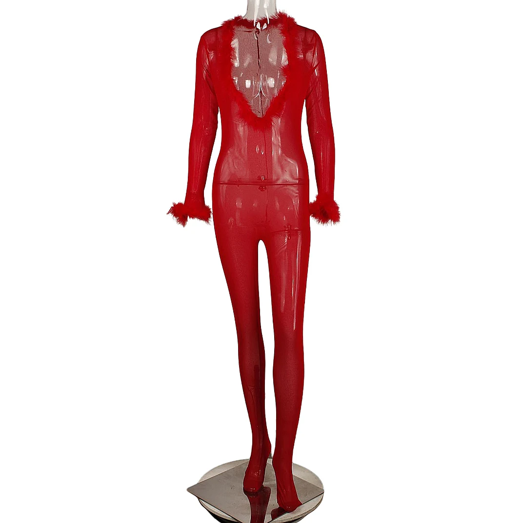 FAGADOER Sexy Fur Patchwork Bodycon Jumpsuit Women See Through Deep V-neck Long Sleeve Rompers Female Streetwear Overalls New
