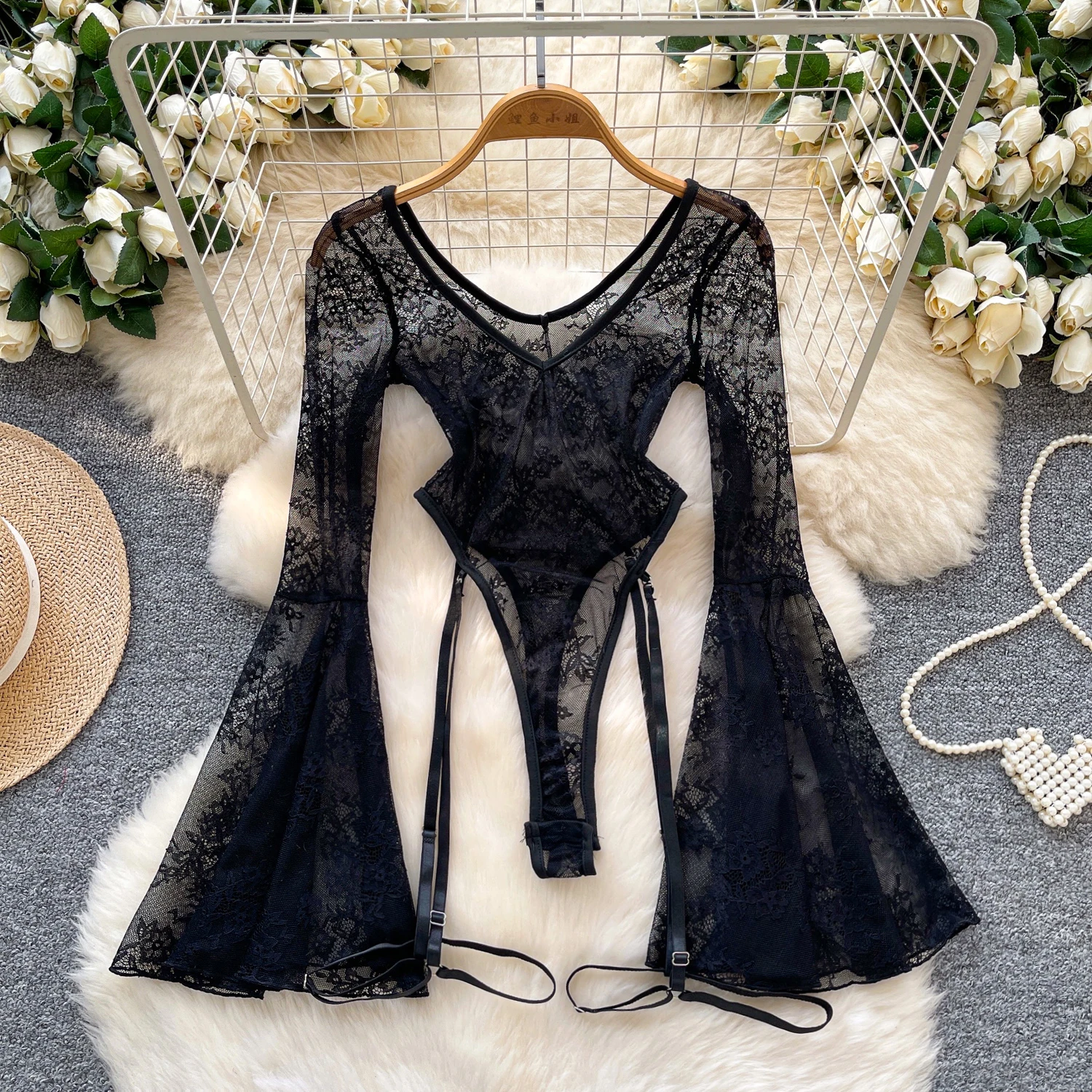 Sexy sleeveless lace flare sleeve see through Vintage Straps Bodysuits Jumpsuits Top Hotsweet Clothing