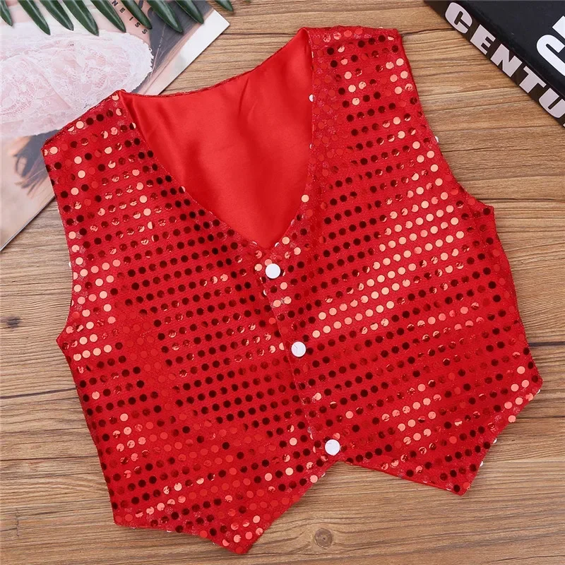 Kids Boys Girls Shining Sequins Vest Jacket Waistcoat for Hip-hop Jazz Christmas Party Stage Performance Dance Costumes Clothes