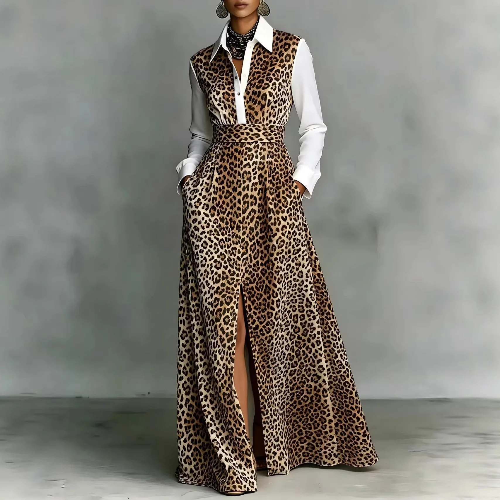 

Women Elegant Dress Leopard Printed Long Dress Colorblock Lapel Collar Button Vintage Long Sleeve Dress Hem Split Maxi Dress