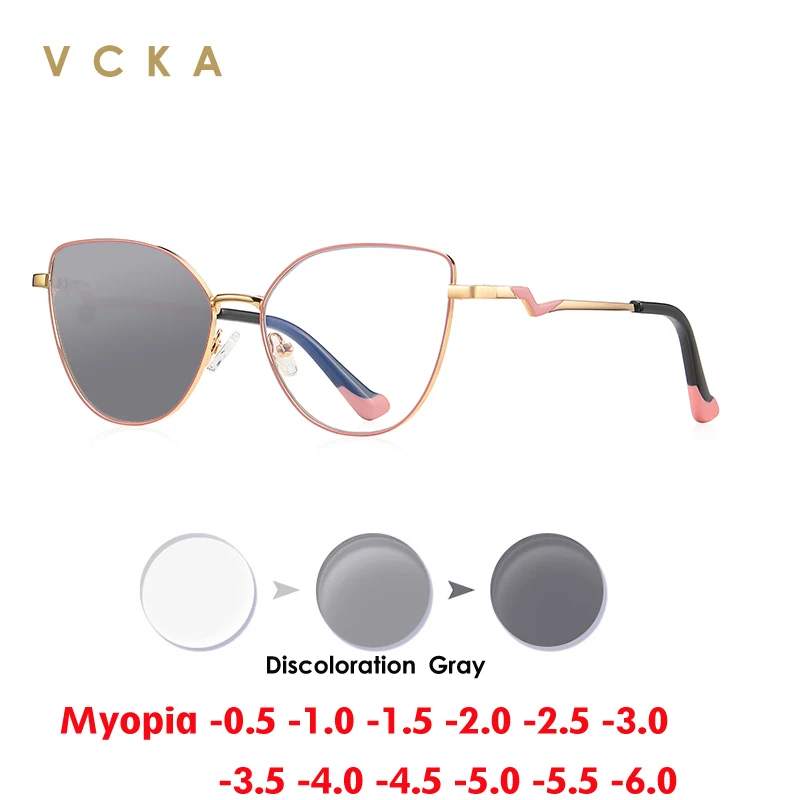 VCKA Fashion Myopia Glasses Frame NEW Metal Anti Blue Light Women Prescription Discoloration Optics Cat Eye Eyewear -0.50 TO -10