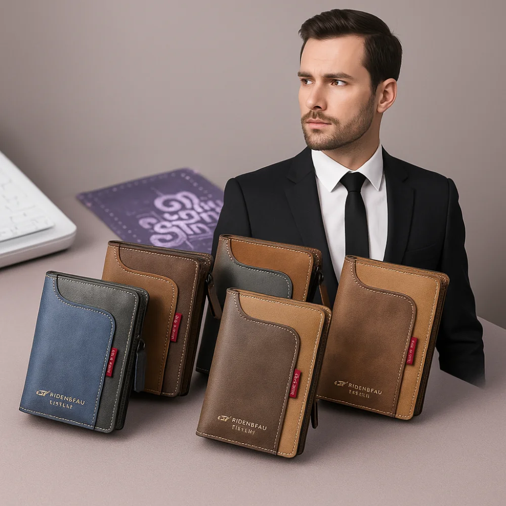 عالية الجودة الكلاسيكية الرجال محفظة قصيرة تتفاعل بولي Leather الجلود حامل بطاقة الائتمان سستة إغلاق بلون الذكور محافظ ثنائية الطي هدية