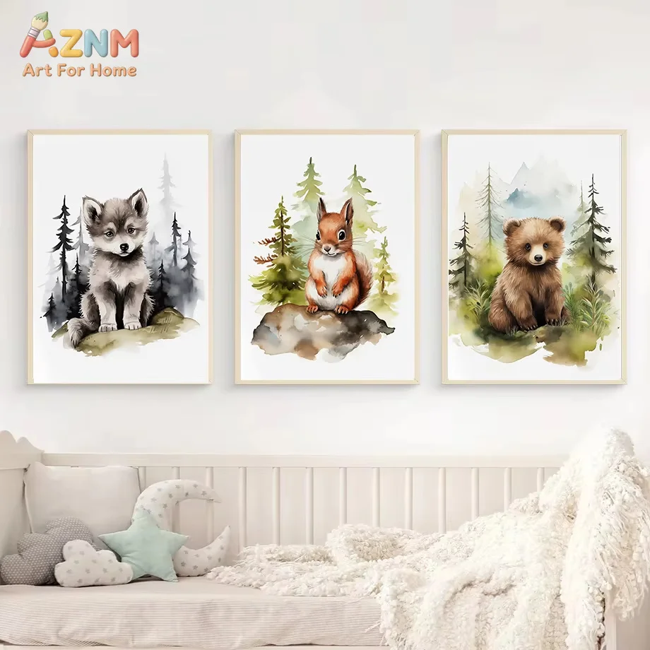 Watercolor Woodland  Animal Forest Bear Deer Fox Owl Wolf Poster Canvas Painting Wall Art Home Decoration
