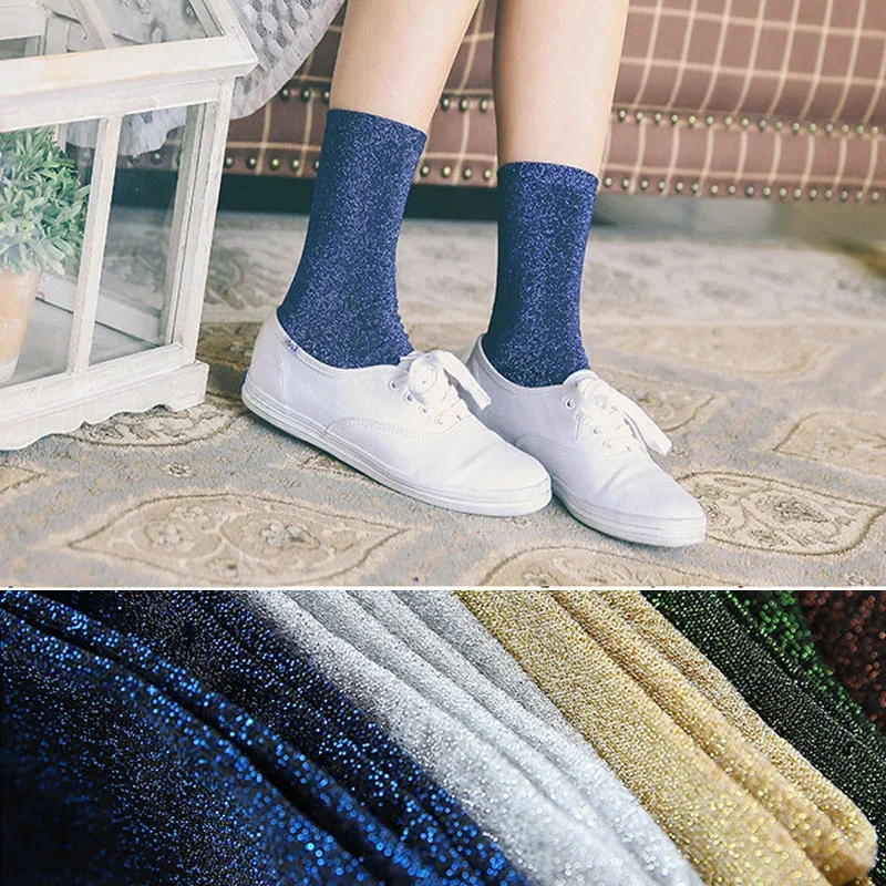 

Vintage Japanese Luxury Metallic Thread Glitter Sparkle Crew Socks Shiny Black Green Klein Blue Cute Kawaii Gift Designer Party