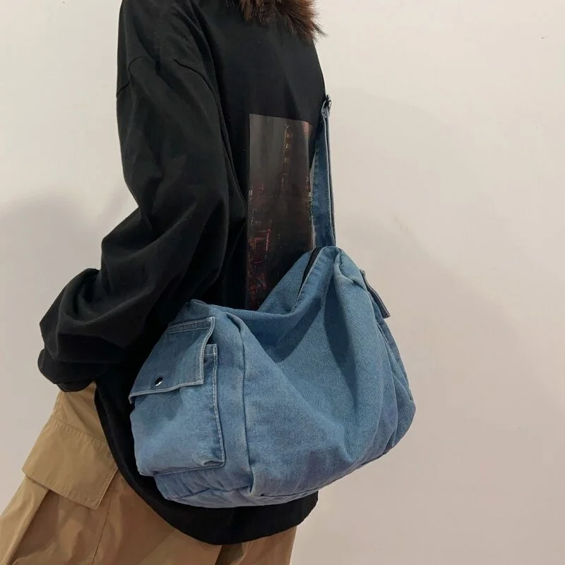 Unisex Canvas Denim Crossbody Bag Casual Style Single Shoulder Bag for College Students Korean Style Soft Handle Backpack