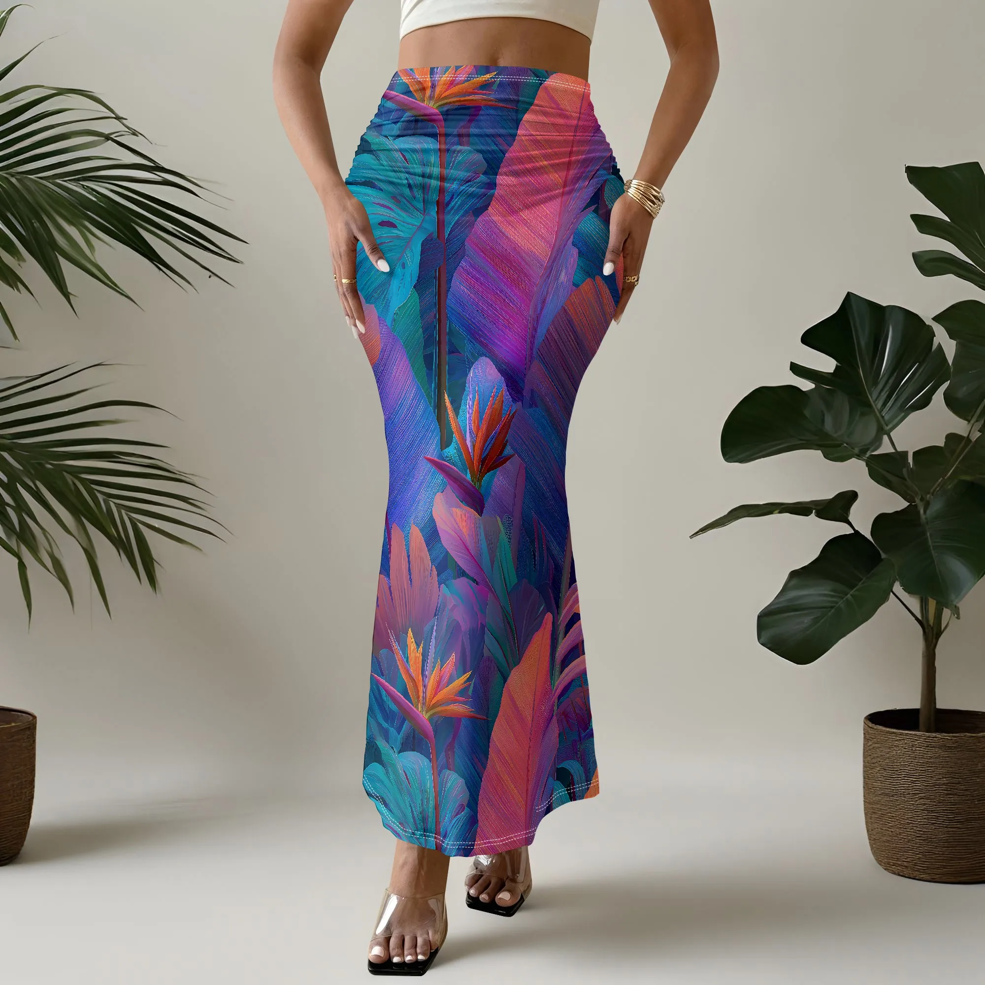 Tropical Mermaid Skirt, Colorful Leaf Print Wrap Bottoms, High Waist Ruffle Hem Maxi, Beach Vacation Wear, S-2XL