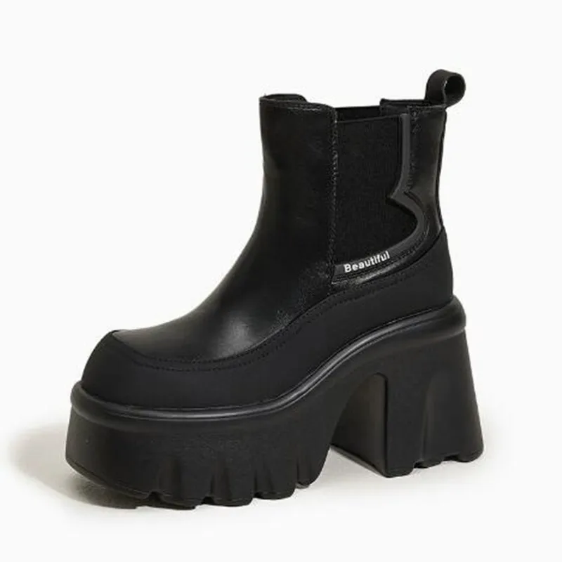 

2026 British Style Ankle Boots Women Fashion Autumn Winter Non Slip Leather Short Boots Platform Chunky Booties 10CM High Heels