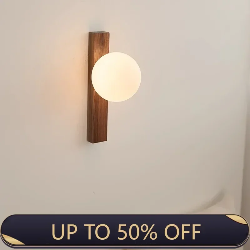 Modern Style Wall Light Walnut Wood Milk White Glass Sphere Wabi-sabi Sconces for Bedroom Living Aisle Balcony Bedside