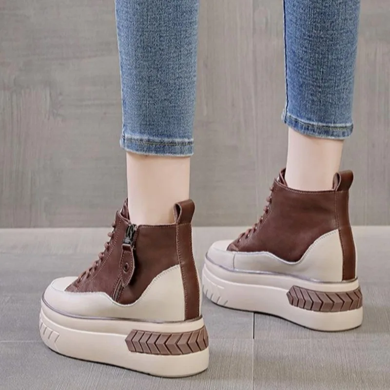 Outono feminino alta superior sapatos casuais versátil aumentando 8cm sapatos plataforma sapato moda zíper lateral botas marca sapato de couro do plutônio