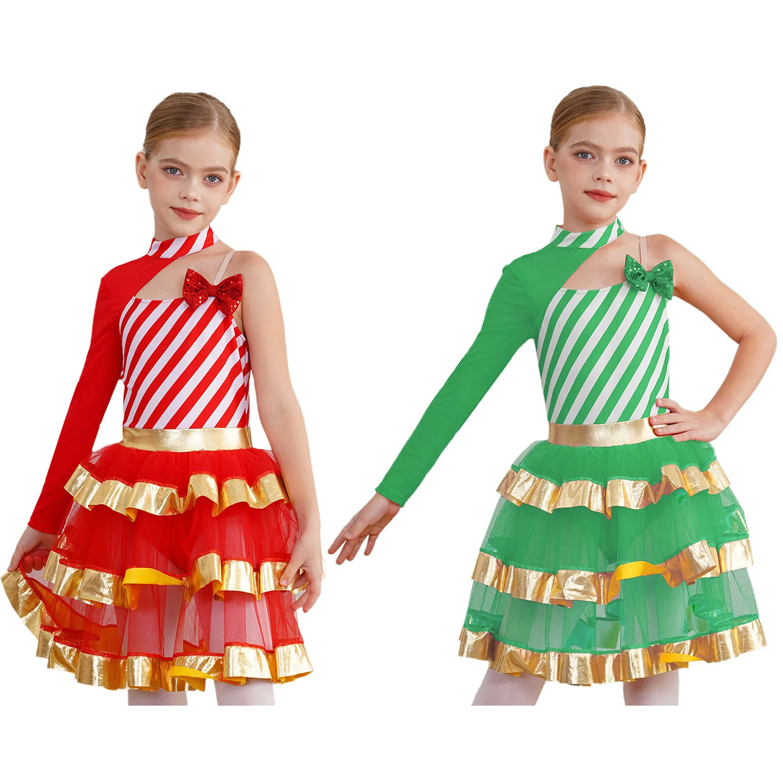 Kids Girls Christmas Party Dress Shiny Sequins Layered Tutu Dancewear Santa Claus Xmas Candy Cane Stripes Performance Costume