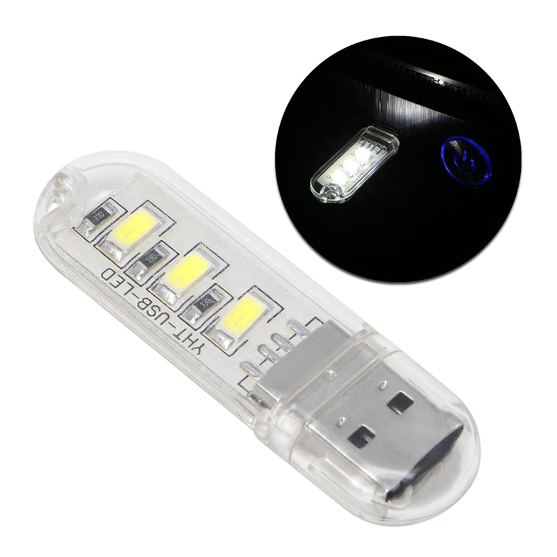 Mini luz LED nocturna portátil, equipo de Camping, alimentación USB, 3 Chips de luz LED, lámpara de 0,2 W, luces nocturnas para libros