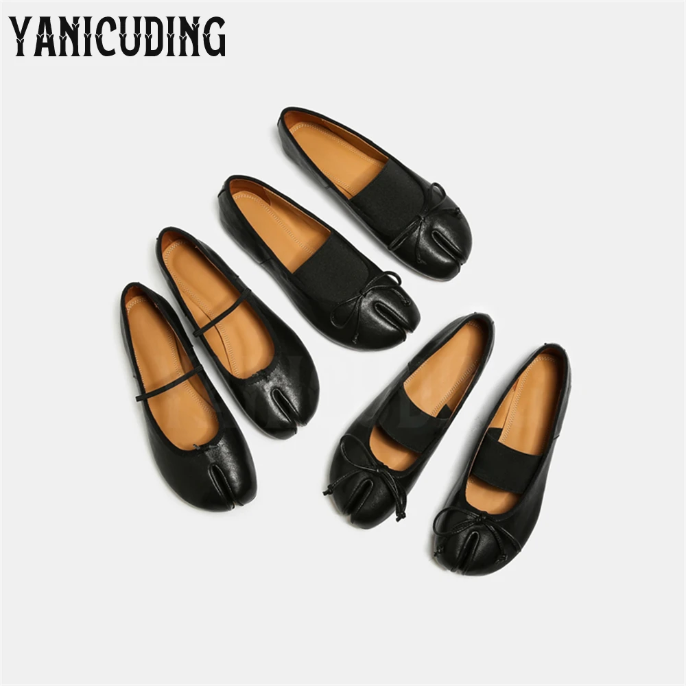 Tabi Ballerinas Black Leather Flats Elastic Strap Classic Ballet Shoes Butterfly Knot Comfortable Multi Style Women's Flats New