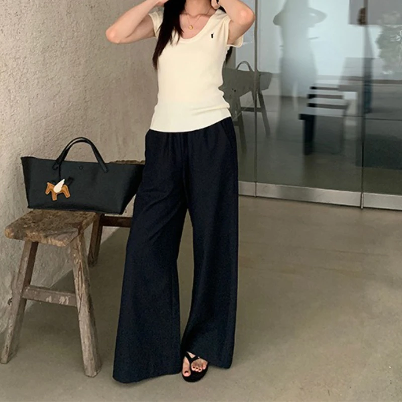 Fall 2025 Versatile Simple Elastic Waist Design Slim Drape Wide-leg Pants Commuter Pants