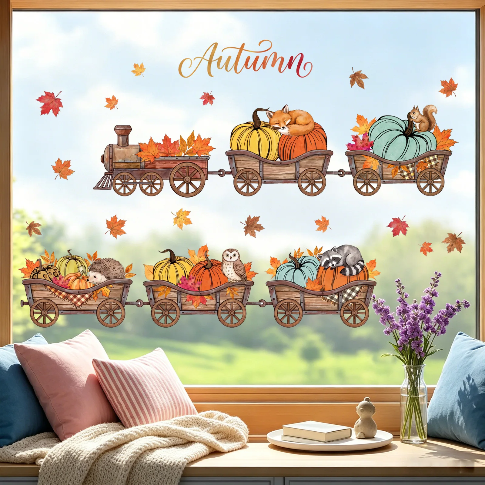 Fall-Oriented Train Window Decoration Featuring Pumpkins Butterflies and Sunflowers for Temporary Glass Application