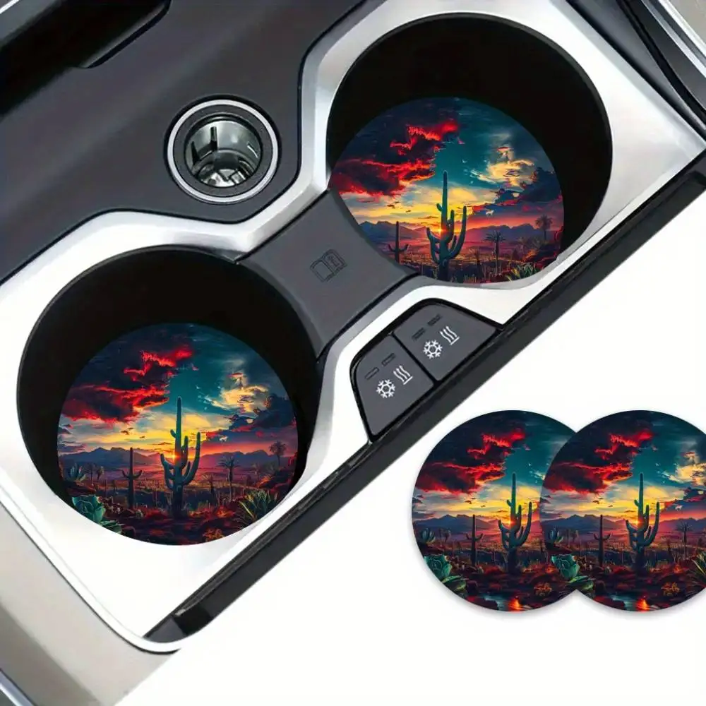 Cactus Sunset Landscape EVA Car Coasters Round Durable Mats Vehicle & Home Decor Gift