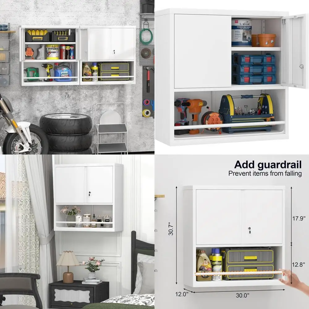 

31 Inch White Metal Locking Storage Cabinet with Doors and Shelves, Wall-Mountable for Office or Utility Room