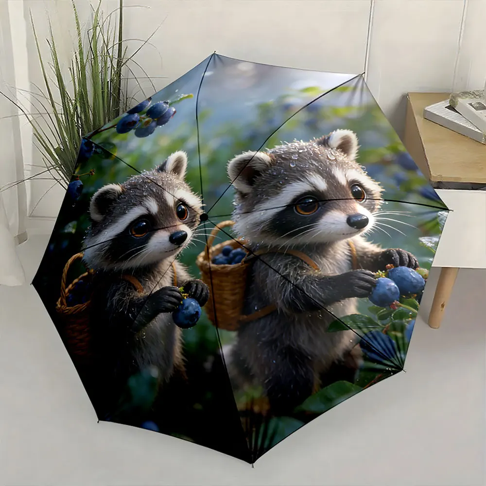 1PC Charming Raccoons Collecting Berries in Nature Print 8 Iron Ribs Folding Umbrella Auto-Open Fashion Sunshade