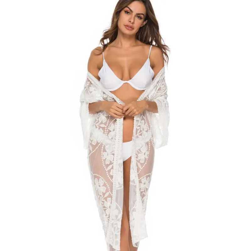 Summer 2025 sexy women's lace mesh bikini with cardigan beach smock sunscreen