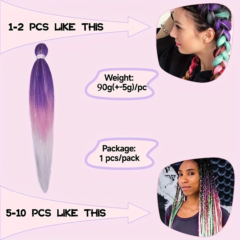 Extensões de cabelo rave para meninas, 3 tons, ombre, tranças retas, cabelo misturado, festival do ouropel, roxo, rosa, branco, cabelo louco,