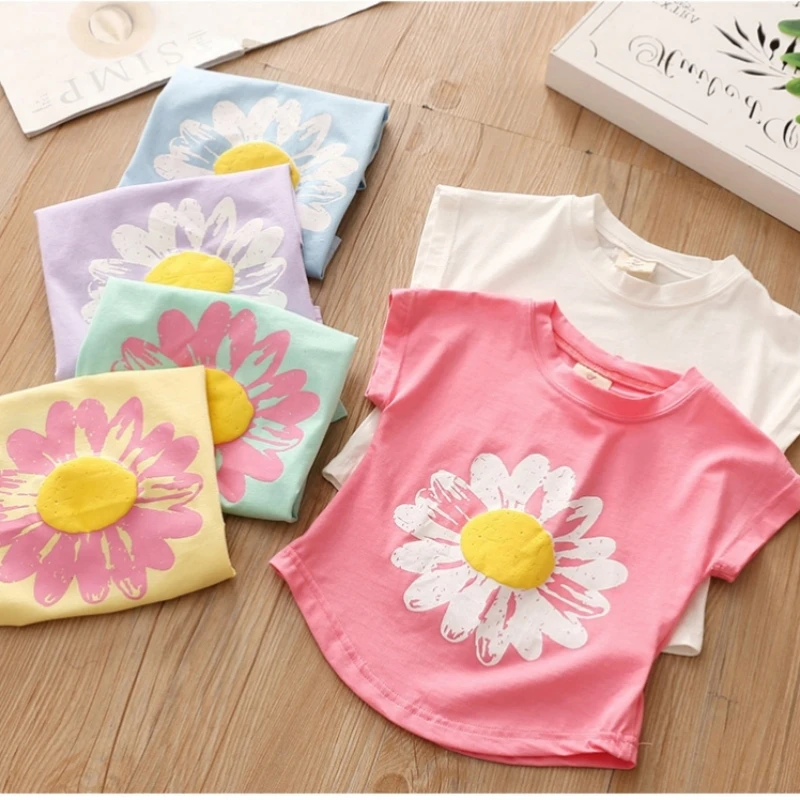 2023 Summer 2 3 4 6 8 10 Years Children\'S Clothing Kids Tops Short-Sleeve Cotton Basic Flower T-Shirt  For Kids Girl