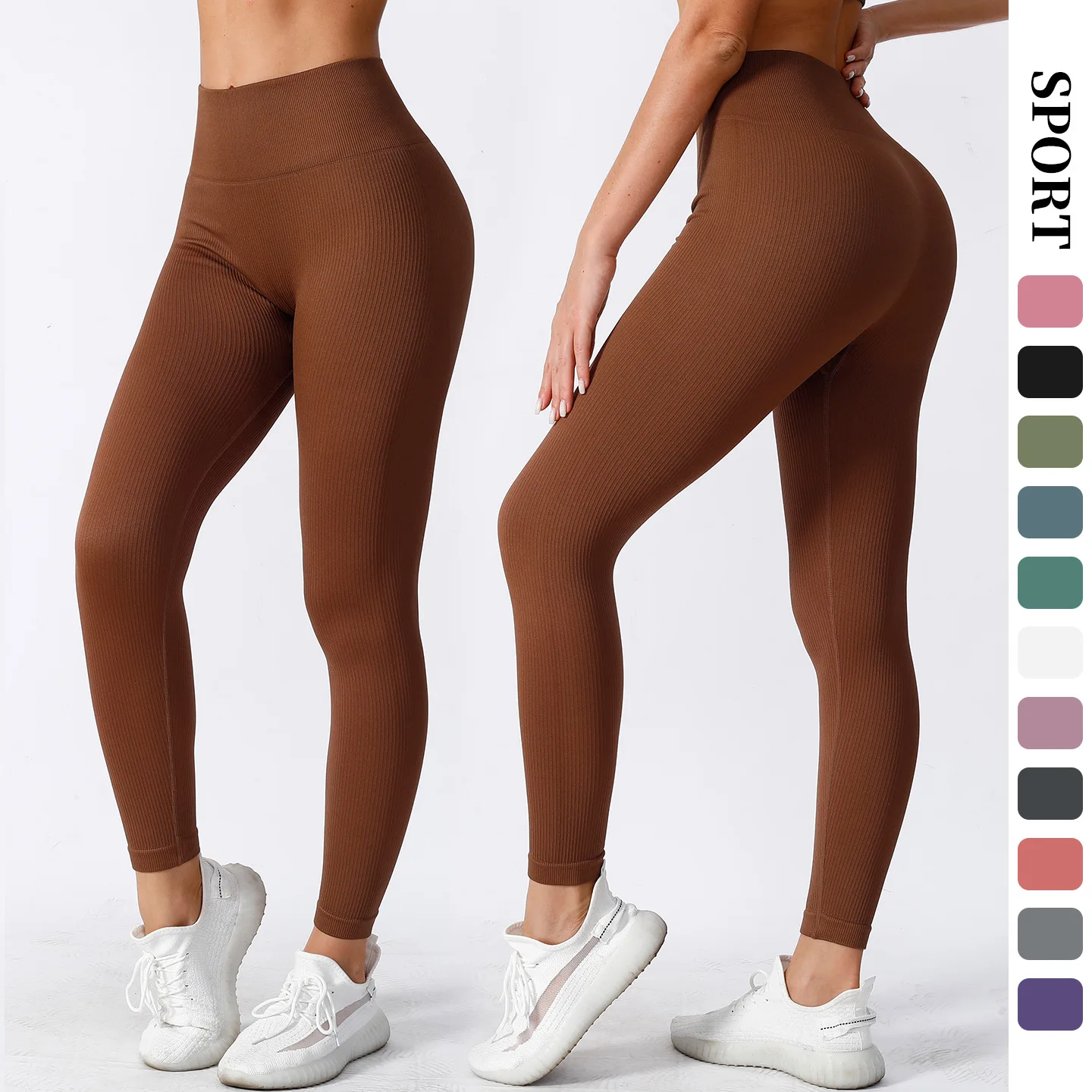 Women Ribbed High Waist Yoga Pants Seamless High Stretch Bodycon Butt Lifting Running Gym Fitness Sports Pants