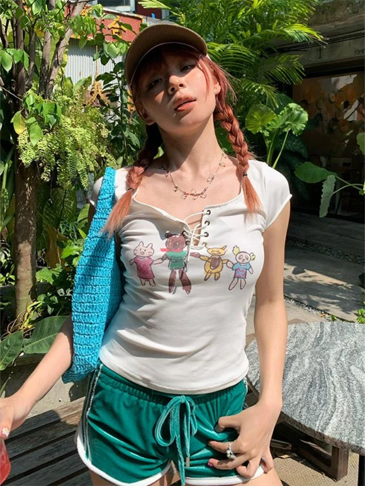 

HOUZHOU Harajuku Cartoon Printed T-shirts Kawaii Women Y2k Aesthetic Short Sleeve White Crop Tops Vintage Lace Up V-neck Tshirts