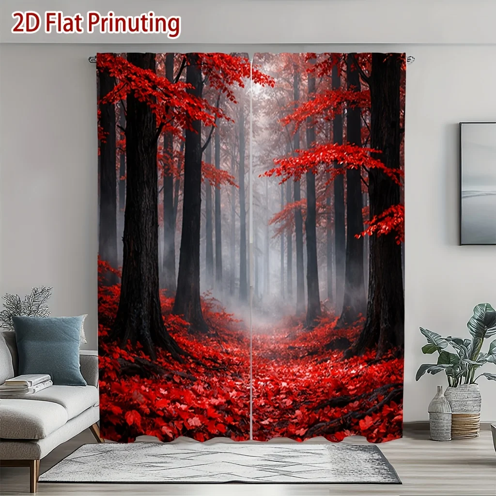 2pcs Red Misty Forest Autumn Curtains Blackout Drapes for Living Room Modern Home Decor Fall Foliage Scenery Window Panels