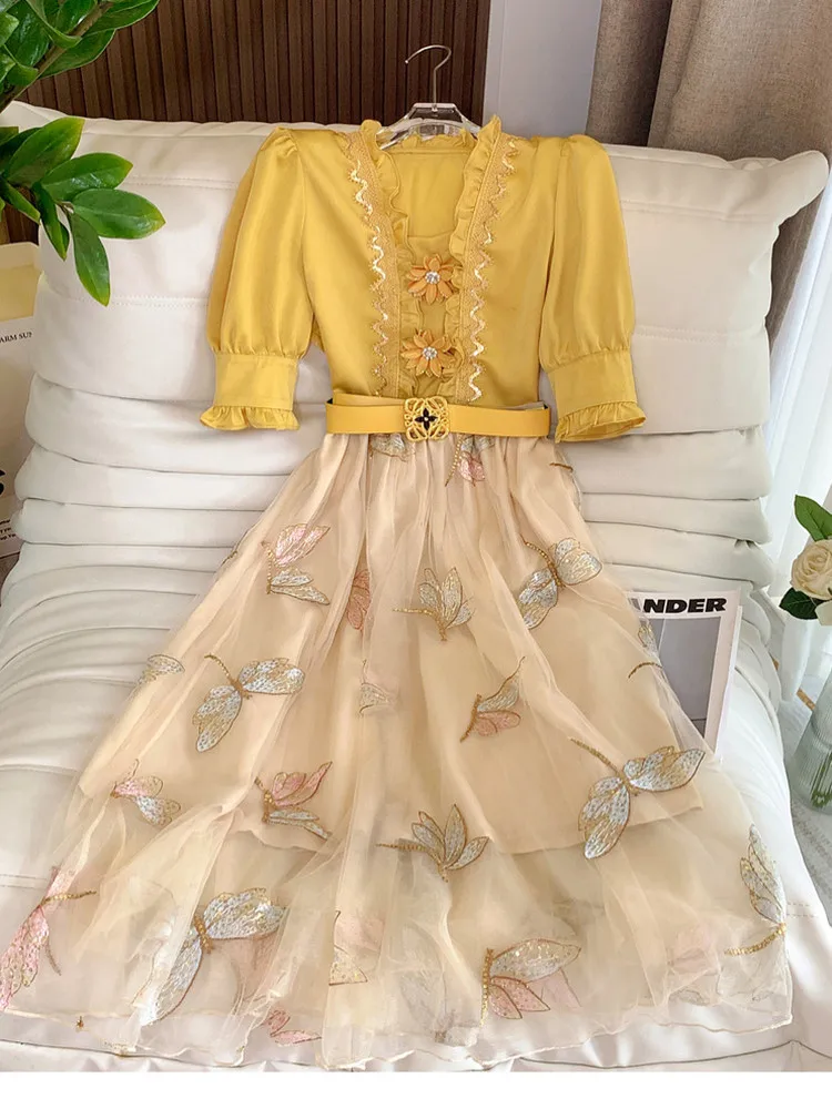 

Summer Elegant Two Piece Sets Womens Outifits Exquisite Lace Flower Shirt +Sequines Embroidery Long Mesh Skirt Ensemble Femme