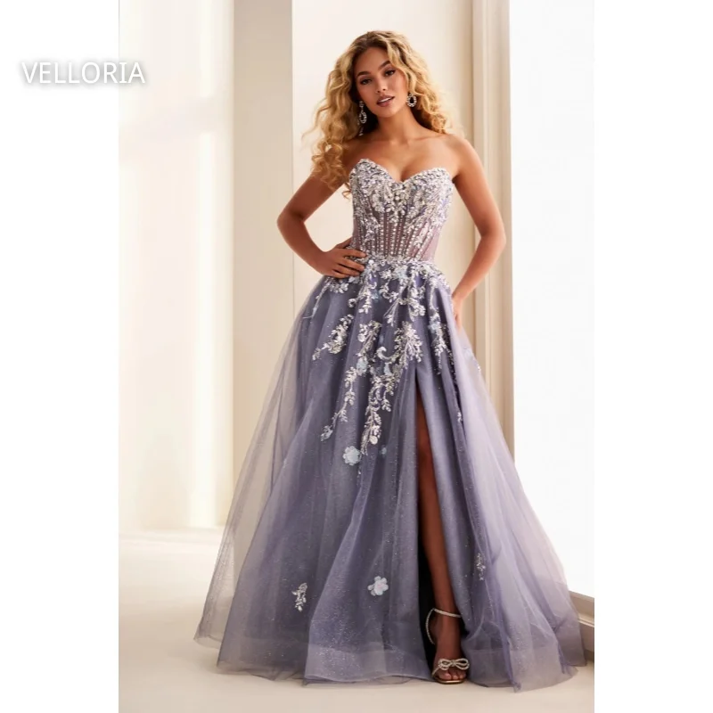 

Blue Tulle Ball Gown Sexy Sweetheart Split Women's Evening Dress Luxury Rhinestone Beaded Flowers Party Dress Customized