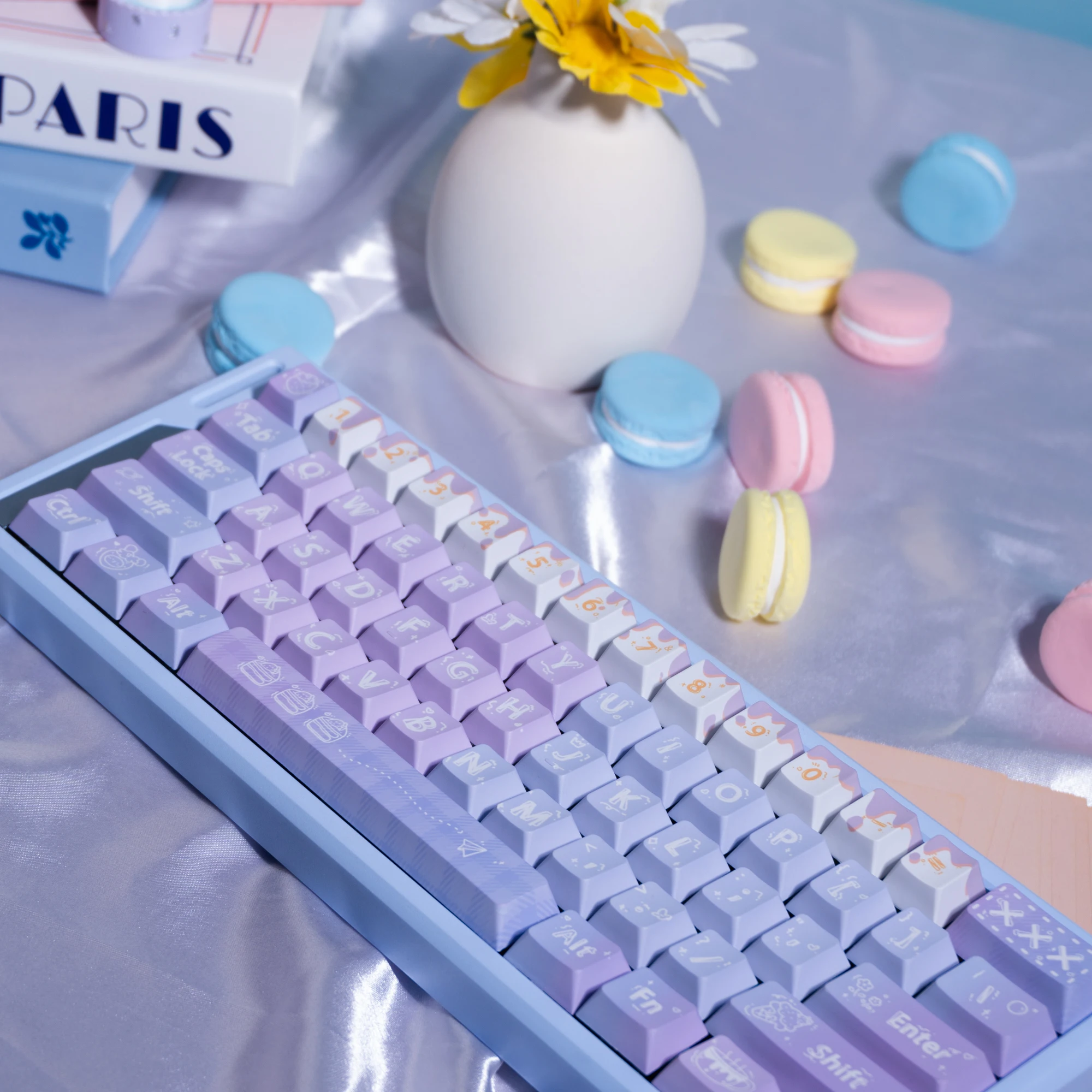 

130 клавиш, фиолетовый торт, колпачок из ПБТ, вишневый профиль, колпачки для клавиш Dye-Sub для переключателей Cherry MX, механическая клавиатура для геймеров