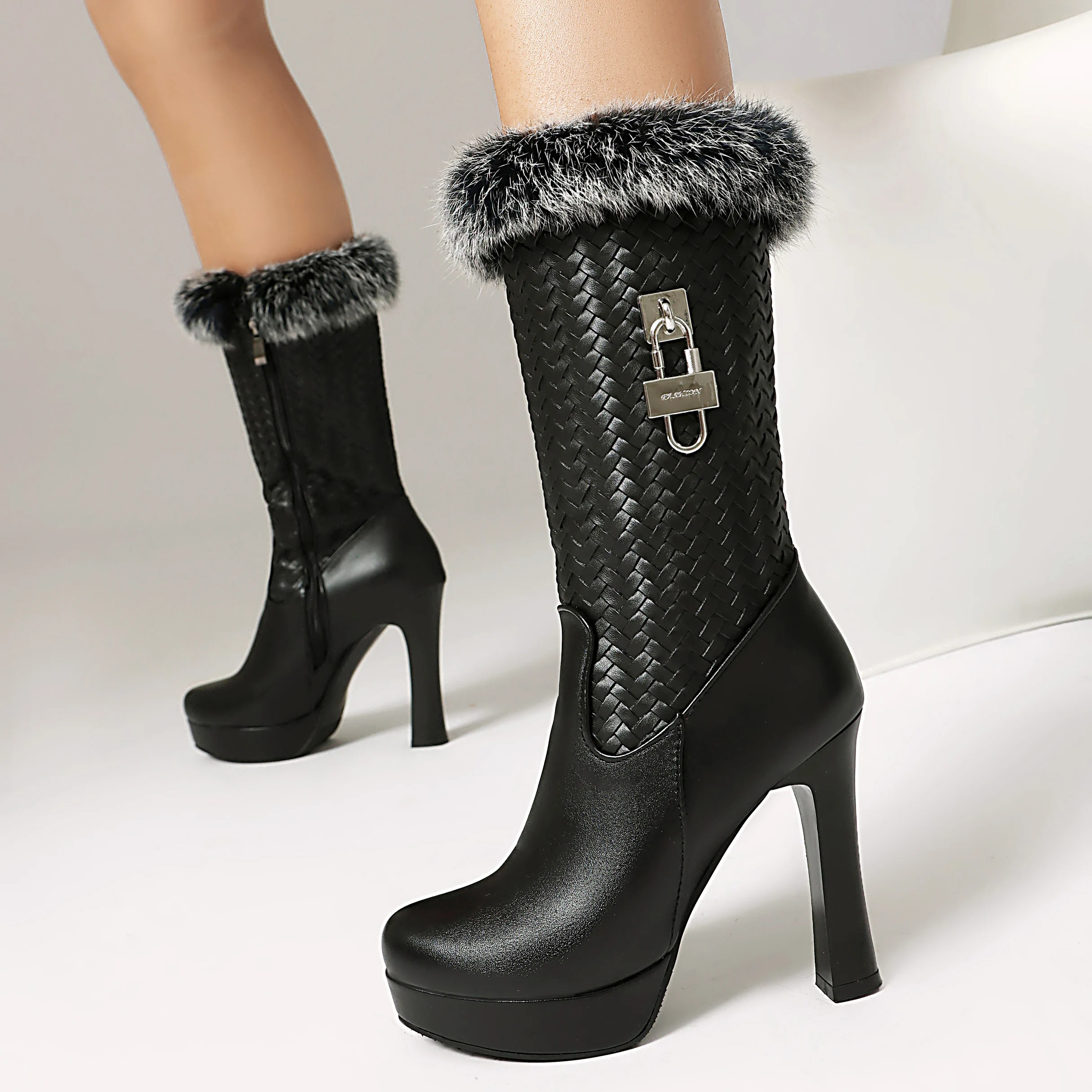 2026 Autumn/Winter Fashion Weaving Microfiber Splicing PU Boots Metal Lock Decoration Knee Boots Size 34-48