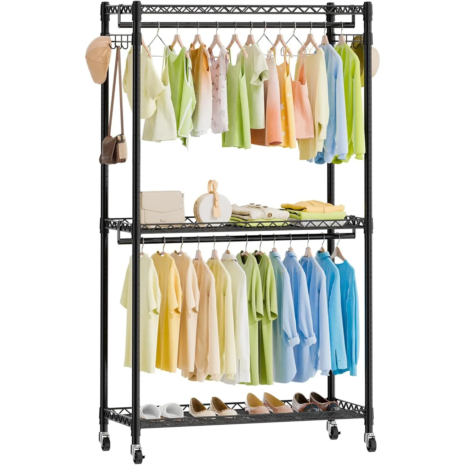 

3-layer adjustable heavy-duty metal hanger with lockable wheels, equipped with double bars and side hooks