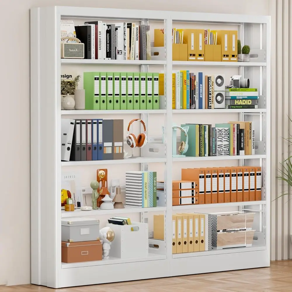 

5-Tier Adjustable Metal Bookshelf, Heavy Duty, White, 72.8 Wide for Living Room, Office, Classroom