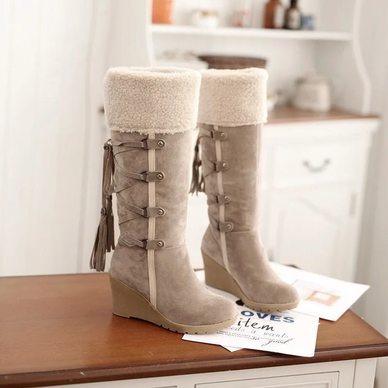 Winter Women's Shoes Plush Womens Mid Calf Boots  Keep Warm Fashion Wedge Heels Suede Women Boots Plus Size Zapatos De Mujer
