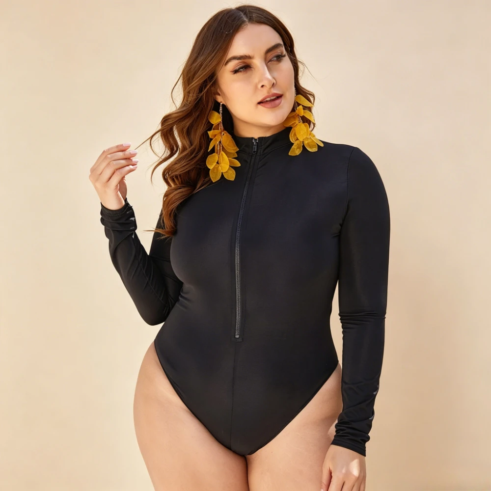 Plus Size Long Sleeve Front Zip Rash Guard One Piece Swimsuit Solid High Neck UPF50+ Women Surf Bodysuit 4 Colors Bathing Suit