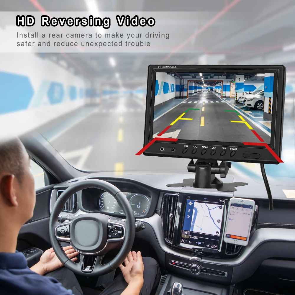 LeeKooLuu 9 Inch TFT LCD Car Monitor 4 Split Screen Headrest Rearview Monitor with RCA Connectors 6 Mode Display Remote Control