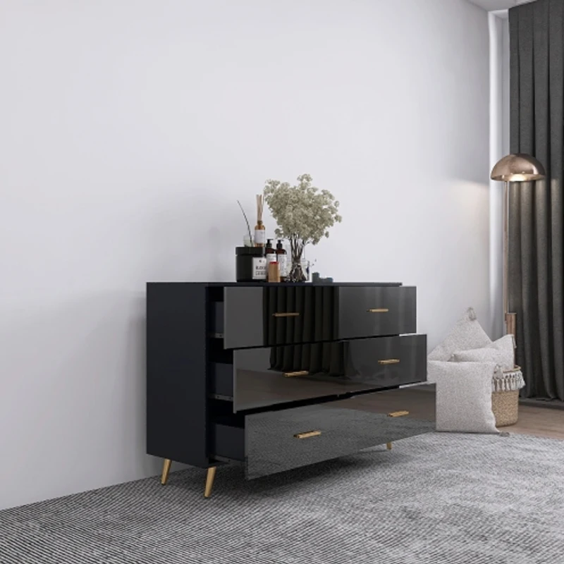 High Glossy Surface 6 Drawers Chest of Drawer with Golden Handle and Golden Steel Legs Black Color Vanity   Black