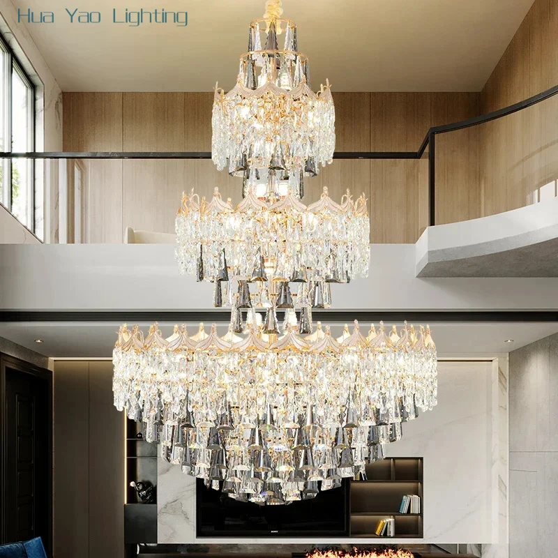 Duplex Chandelier European Luxury Villa Living Room Crystal Light Luxury Hotel Hall Lamps Hollow Tall Hanging Lighting