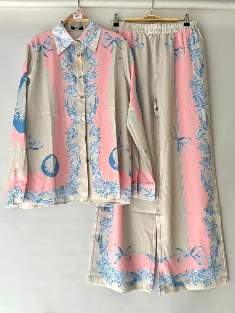 Lente 2026 dames retro geometrisch print revers recht shirt tweedelig pak + wijde broek in grote maat, modieus pak