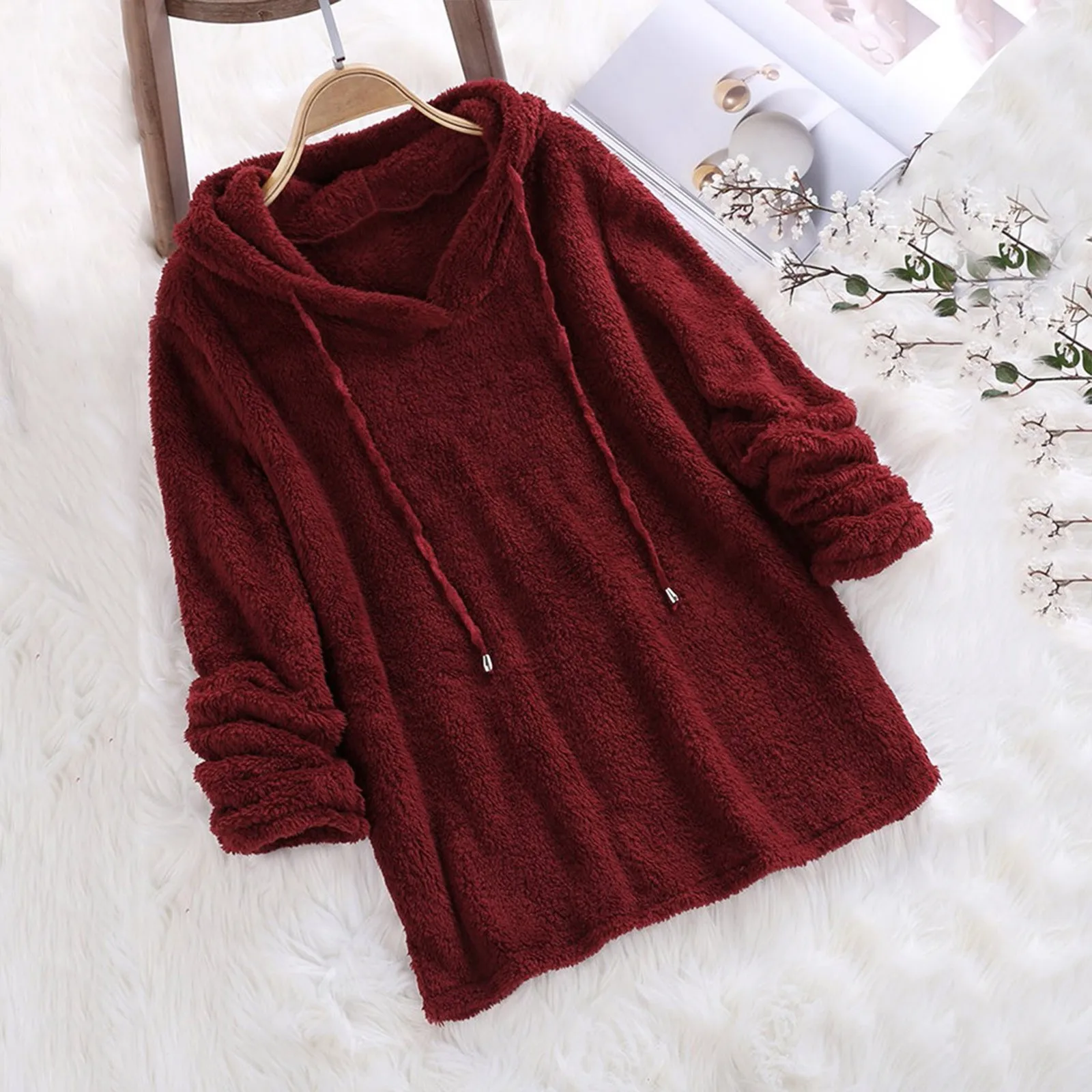 2024 Warm Solid Fluffy Flannel Pullover Pajama Loose Hooded Sweatshirts Top Korean New Women Long Sleeve Plush Hoodies Lady