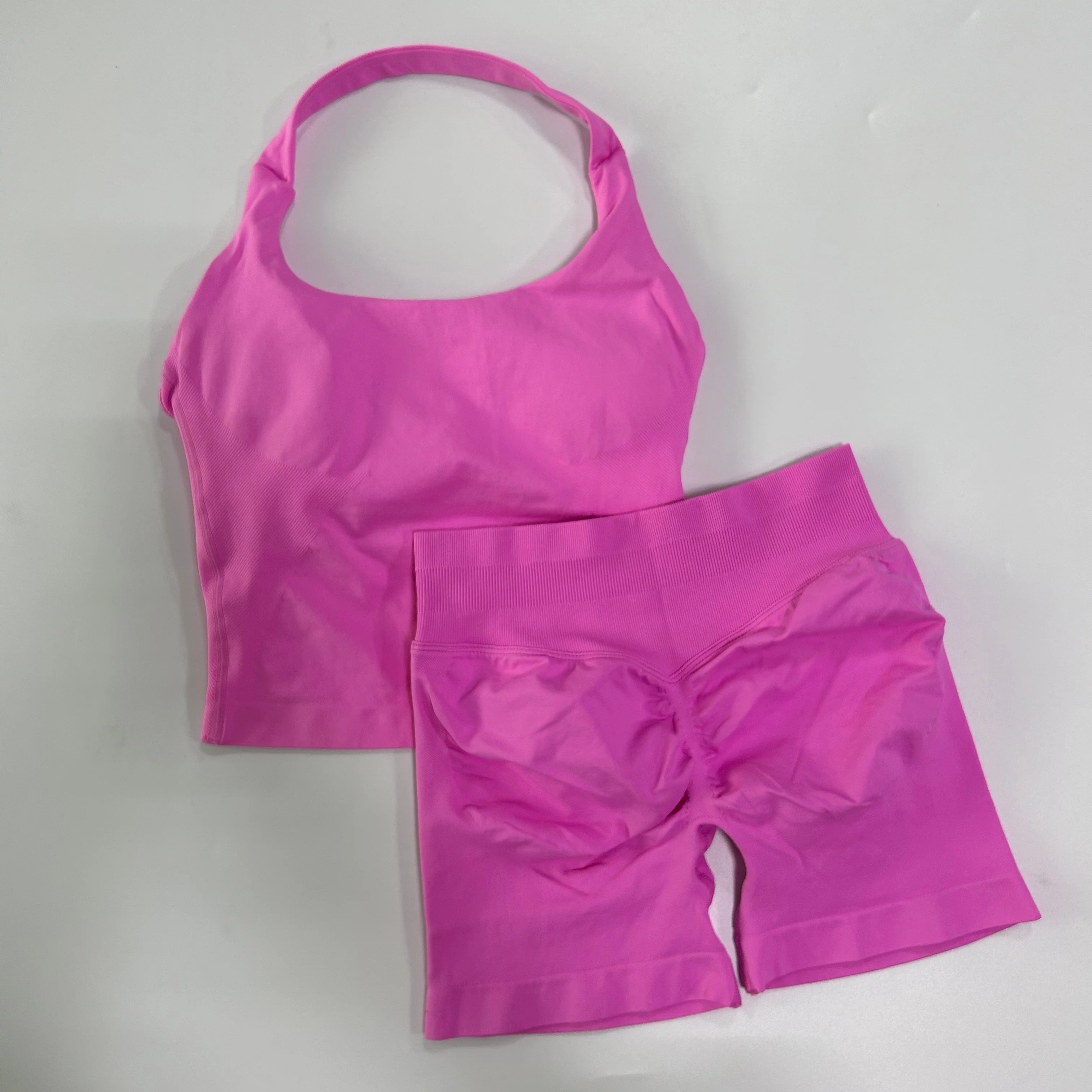 2pcs Women's Gym Set Backless Tank Top High Waist Scrunch Shorts Seamless Fitness Activewear Workout Suit image 4