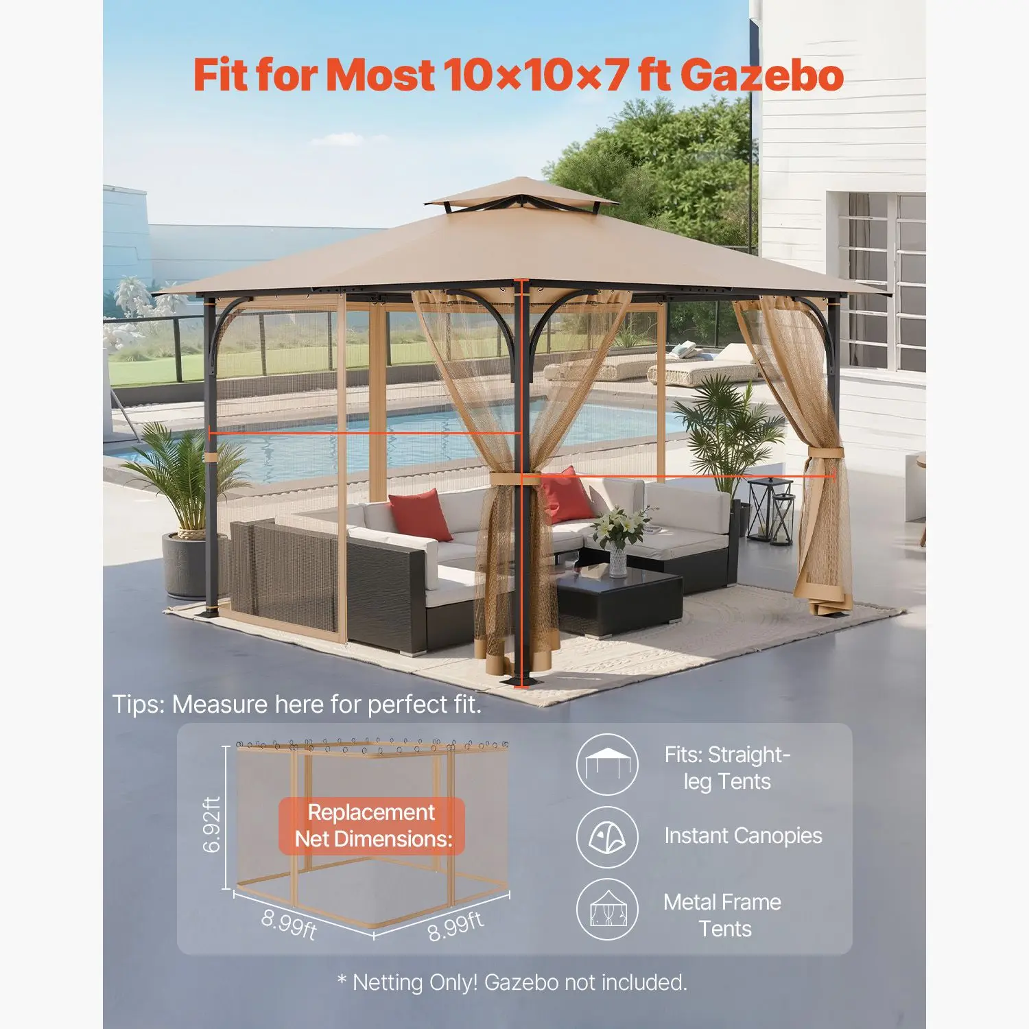 Gazebo Netting Replacement, Fit Most 10 x 10 x 7 FT Gazebo Curtain, Outdoor Garden Net, 4-Panel Sidewall Mesh Net, Patio Midge N