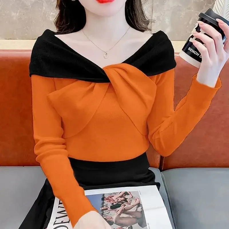 여성 의류 가을 겨울 한국 패션 대비 색상 섹시한 니트 스웨터 달콤한 시크 리본 디자인 긴 소매 슬림핏 탑