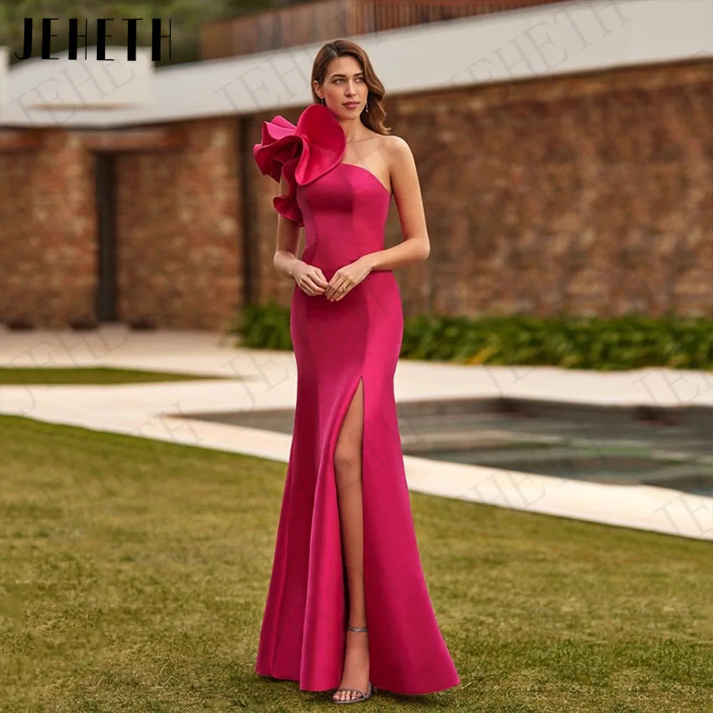 JEHETH Satin One Shoulder Mermaid Evening Dress for Women Split Detachable Train Formal Party Gowns Fuchsia Customized Dubai