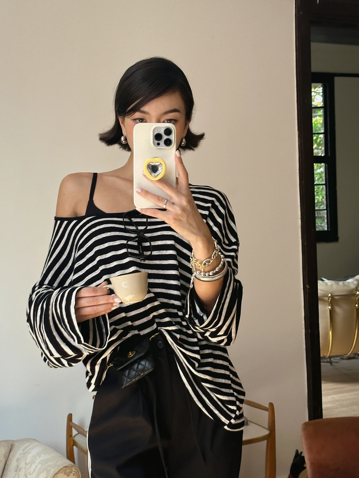 

Betchow Casual Linen Stripe irt Loose Comfortable Versatile Top Classic Commute Sle round Ne Long Sve Summer T-irt