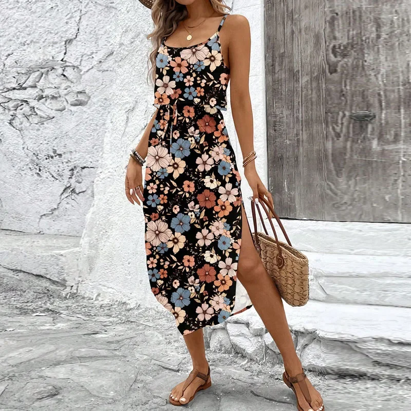 Kleider für Damen Neues Sommer-Spaghettiträger-Kleid Sexy Schlitz-Print Schnürkleid Damen Vestidos De Verano Mujer 2026 Q451