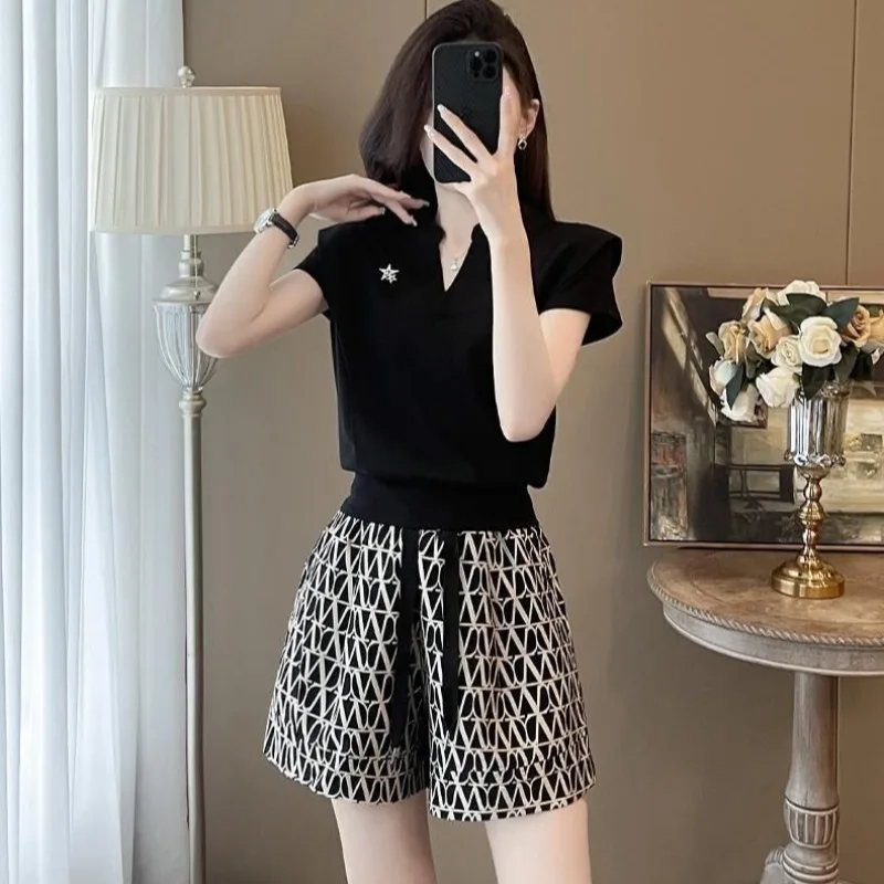 Short Sets for Women 2 Pieces Printing Black Tracksuit Woman Shorts Two-piece Clothing Trend 2025 with Jacket Tailoring Trends