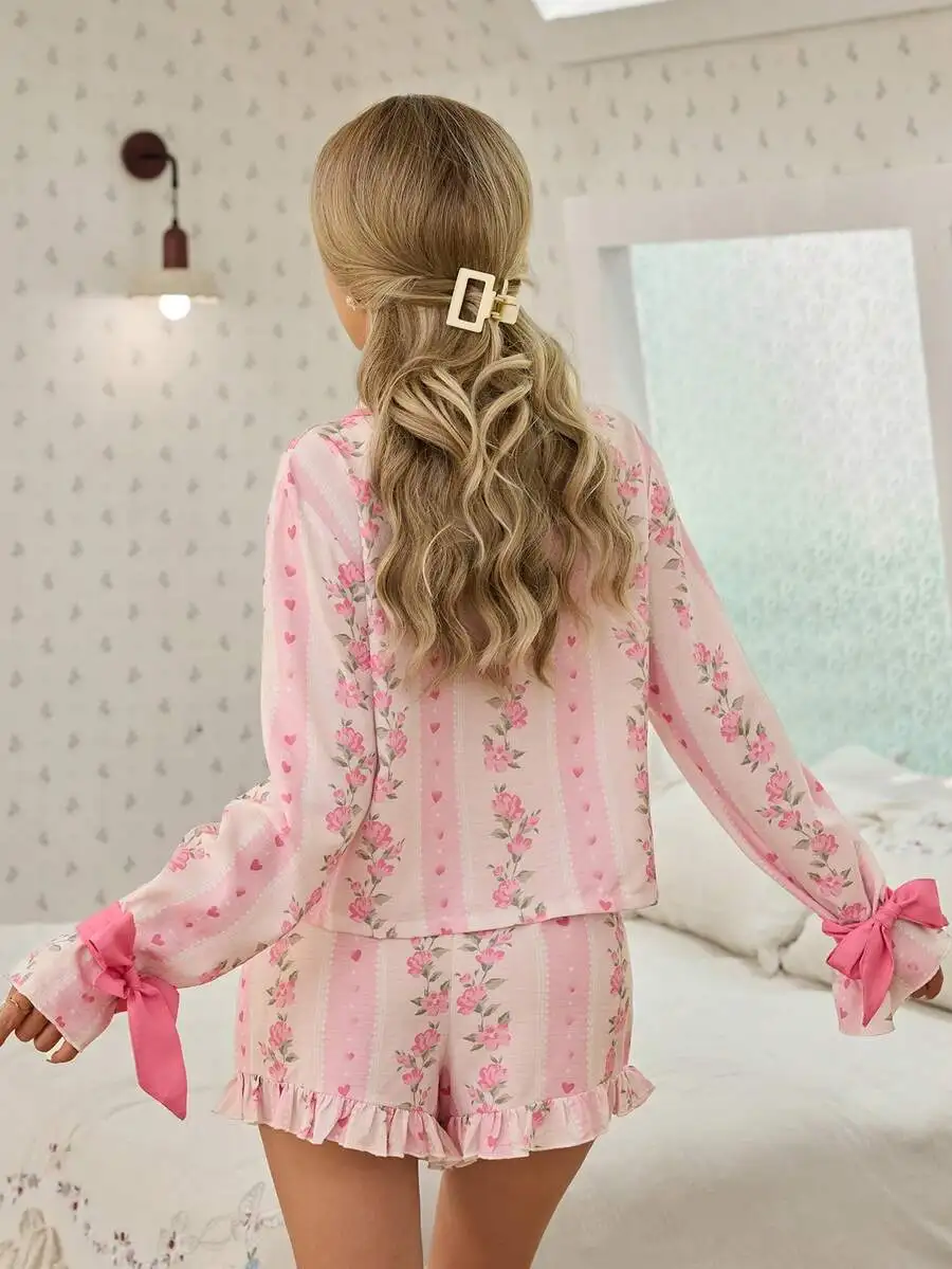 

Romantic Floral Striped Print Lapel Cardigan With Bow Sleeves Women Sleepwear Set Pink